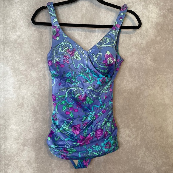 Vintage 90’s Roxanne Pinup One Piece Swimsuit Floral Women Size 8/10 Periwinkle - Picture 1 of 8